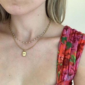 Dainty gold & white beaded look necklace delicate jeweled chain stainless steel